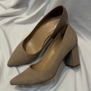 Massimo Matteo Heels, Nude Suede Leather Block Heel Pointed Toe Pumps